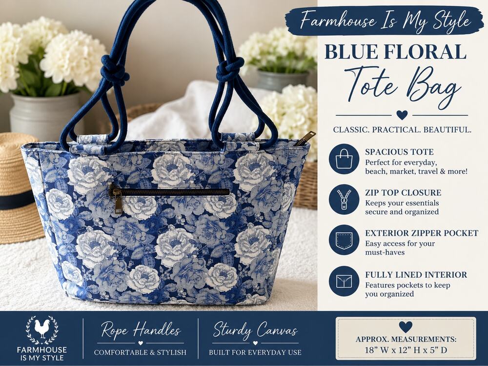 Farmhouse Is My Style Blue Floral Canvas Tote Bag Rope Handles